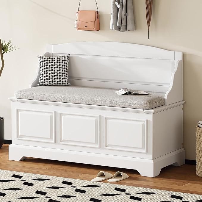 LUMISOL Shoe Storage Bench with Cushion, Farmhouse Entryway Bench with Soft-Close Devices and Hidden Storage, Upholstered Storage Ottoman for Living Room, Entryway, Bedroom, White