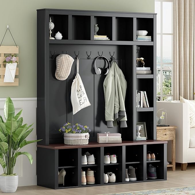 Farmhouse Entryway Bench with Coat Rack, Wooden Hall Tree with 6 Hooks, Walnut Storage Bench with Adjustable Shelves, 4-in-1 Entryway Shoe Cabinet with 13 Cubbies for Mudroom