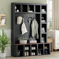 Farmhouse Entryway Bench with Coat Rack, Wooden Hall Tree with 6 Hooks, Walnut Storage Bench with Adjustable Shelves, 4-in-1 Entryway Shoe Cabinet with 13 Cubbies for Mudroom