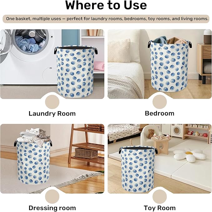 Blue Polka Dots Laundry Basket with Handles - Extra Large Foldable Hamper for Bathroom/Laundry/Bedroom/Dorm, Washable Fabric Storage Bin