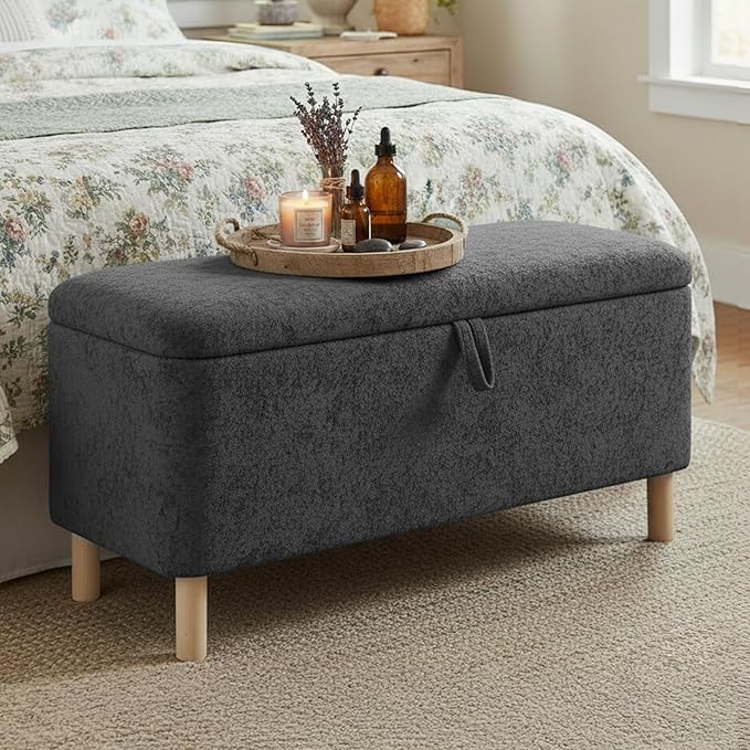 Ottoman with Storage, Storage Ottoman Bench, Entryway Bench with Wood Legs for Living Room, Sitting Area, 2PCS, Dark Grey