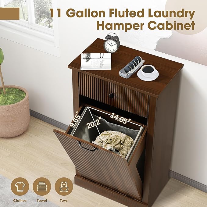 Grepatio Tilt Out Laundry Hamper, Fluted Laundry Hamper Cabinet, 11 Gallon Hidden Trash Can, Wooden Garbage Can Cabinet with Drawer, Free Standing for Bathroom, Kitchen (Brown, Single)
