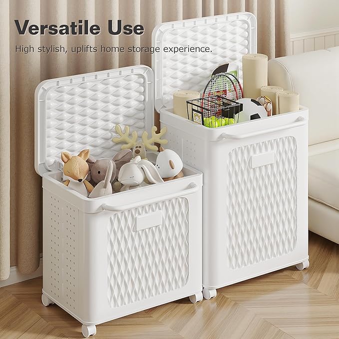 VECELO Rolling Storage Bins with Lid, Plastic Organizers Cart with Wheels & Handle, Foldable Storage Containers for Laundry, Bathroom, Bedroom, 19.3" x 13.8" x 25.0", White