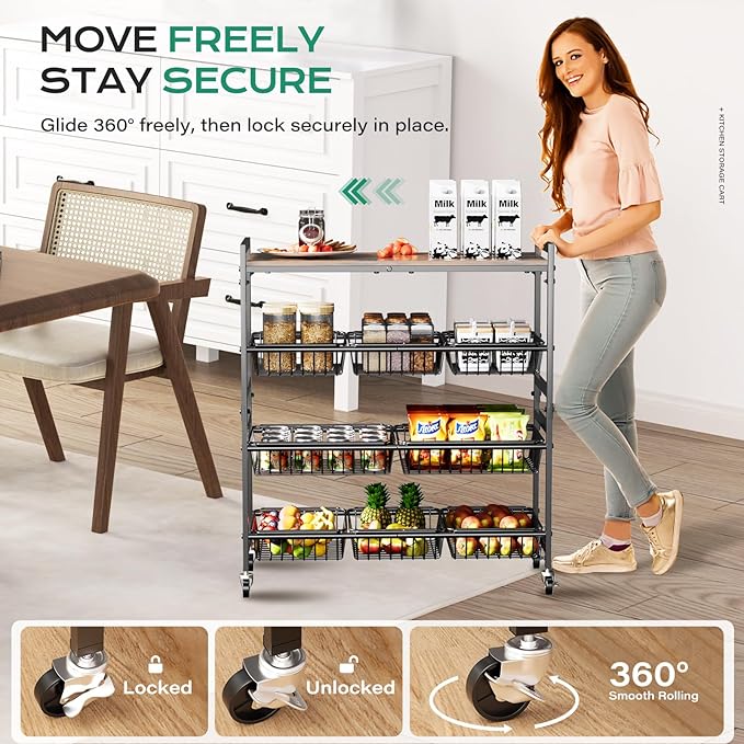 Cinati 4-Tier Utility Kitchen Cart with Wood Top, 29" W Kitchen Storage Cart with 8 Baskets & Handle, Metal Snack Cart with Wheels, Adjustable Pantry Organizer and Storage Cart for Fruit, Vegetables