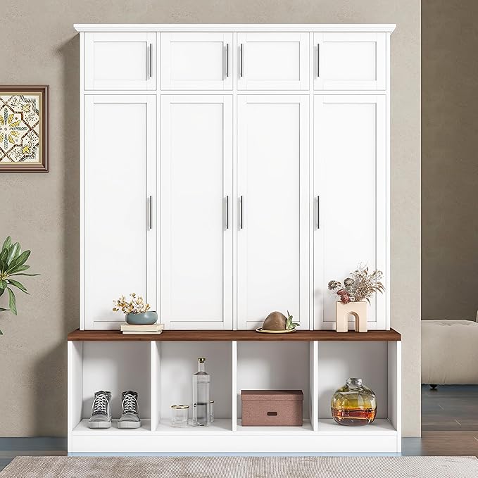 Multi-Functional Hall Tree with 4 Hidden Hanging Hooks, Brown Wood Grain Bench with Multiple Storage Space, Entryway Cabinet with Open Compartments for Living Room, Hallway (White-15.6)