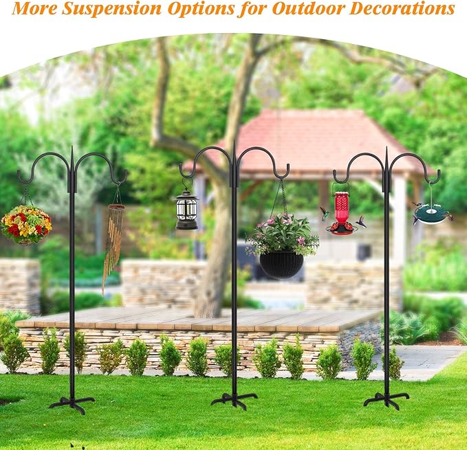 FEED GARDEN Adjustable Double Shepherds Hook for Outdoor with 5 Prong Base 92 Inch Heavy Duty Two Sided Bird Feeder Pole for Hanging Plant Baskets, Solar Light Lanterns, Wind Chimes
