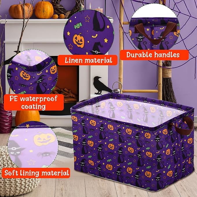 Vesici 6 Pack Halloween Baskets for Gifts Empty Collapsible Halloween Storage Bins with Handle Rectangular Pumpkin Ghosts Storage Basket for Kids Trick or Treat Box Room Clothes Containers