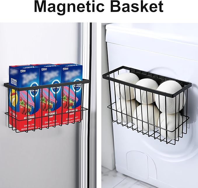 2 Pack Magnetic Basket, Magnetic Dryer Ball Holder for Laundry Room Dryer Ball Organization with 4 Caddy Adhesive Stickers, Cabinet Door Organizer for Kitchen Wrap Food Bag Tin Foil Storage, Black