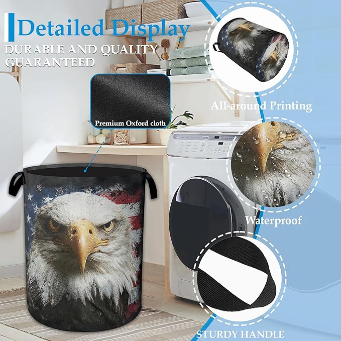 Laundry Hamper American Eagle Laundry Basket with Handle, Collapsible Portable Clothes Toy Storage Baskets for Bathroom Bedroom Room Decor 16" X 20.8"