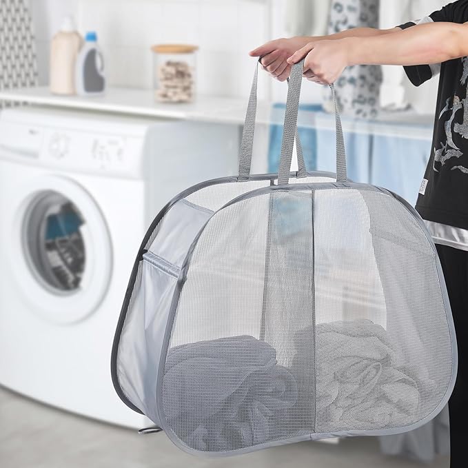 Seiritex Mesh Popup Laundry Hamper 2 Compartment, Collapsible Laundry Sorter Basket Foldable Hamper for Clothes, College Dorm, Travel (Gray)