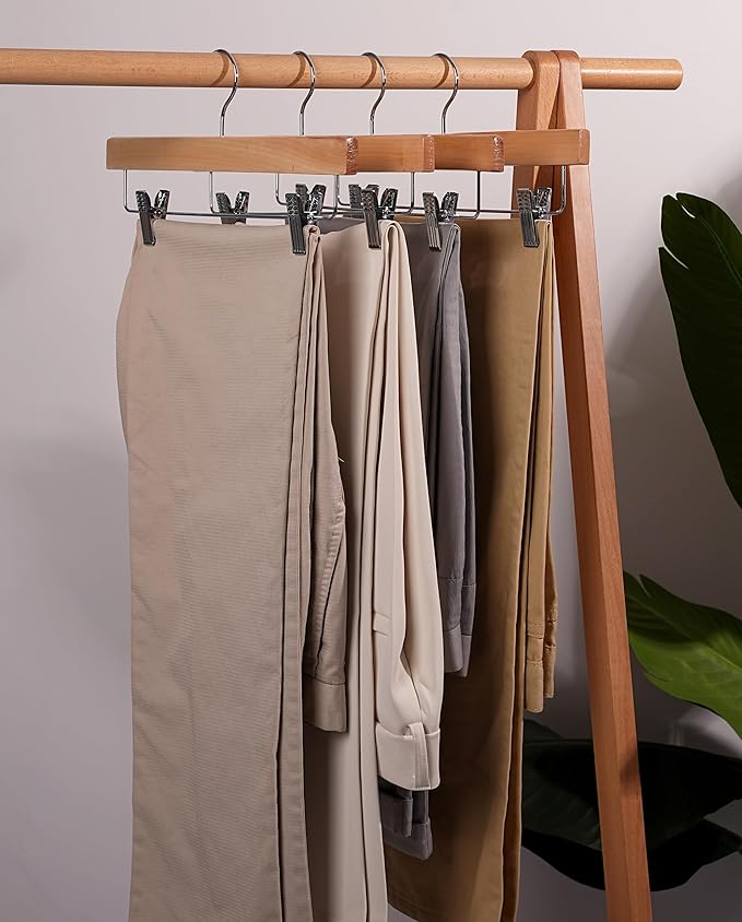 Wooden Pants Hangers, Solid Wood Bottom Jeans Skirt Hanger with 2-Adjustable Clips Anti Rust Hook Pack of 10 (Natural)-HL01NP