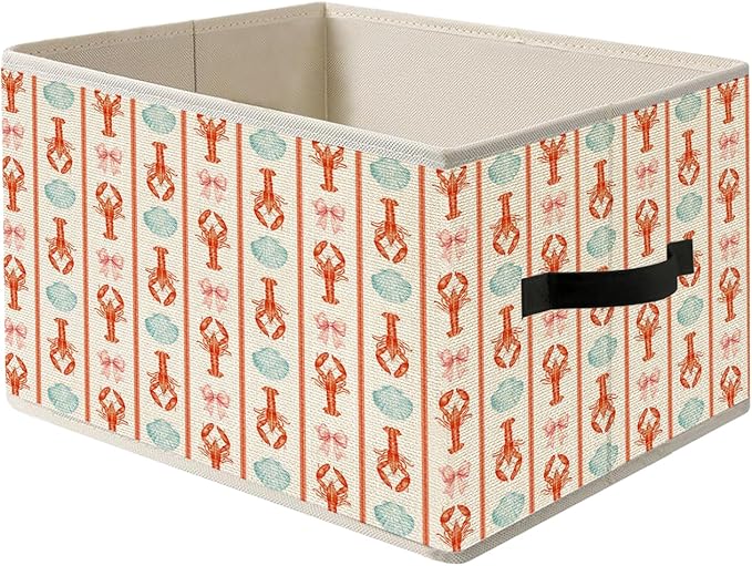 Coquette Preppy Beach Lobster Seashell Storage Bin Box with Handles, Pink Bow Coastal Nautical Foldable Organizer Basket Toybox for Beach House Bedroom Bathroom Clothes Toys Books