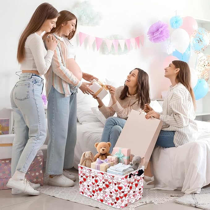 Vesici 6 Pack Valentine's Day Baskets for Gifts Empty Pink Heart Storage Bins Foldable Cute Storage Basket Rectangular Canvas Organizer Boxes with Handle for Books Clothes Home
