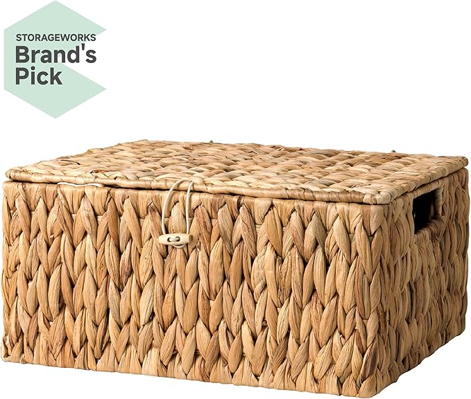 StorageWorks Large Water Hyacinth Baskets for Organizing, Wicker Basket with Lid for Shelves, Storage Basket with Lid and Built-in Handles, 1 Pack