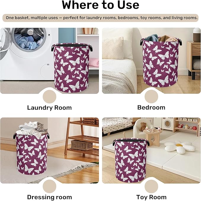 Purple Butterfly Silhouette Laundry Basket with Handles - Extra Large Foldable Hamper for Bathroom/Laundry/Bedroom/Dorm, Washable Fabric Storage Bin