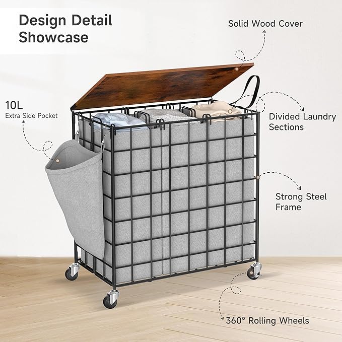 Laundry Basket with Wheels, Heavy Duty Laundry Sorter 3 Sections, 140L (37Gal.) Large Capacity Laundry Hamper with Wood Lid, 360 Rolling Wheels, Extra Side Pocket, Leather Pull Handle (Grey)