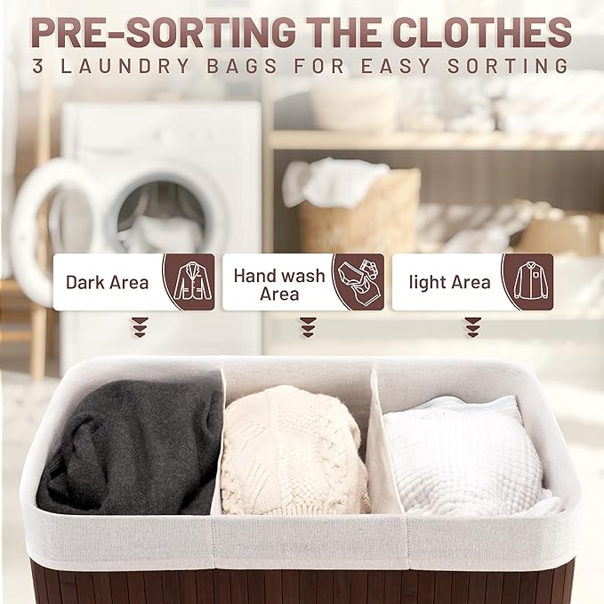 150L Laundry Hamper with lid, 3-Section Clothes Laundry Basket with Handles, Large Collapsible Bamboo Baskets for Bedroom, Bathroom, Dorm, Brown