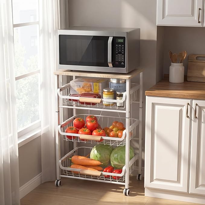 JAQ Slide Out Fruit Vegetable Basket for Kitchen, 4-Tier Rolling Storage Cart with Wooden Handle & Top, Metal Wire Produce Rack for Pantry Organization, Onion Potato Storage Bins for Small Space,White