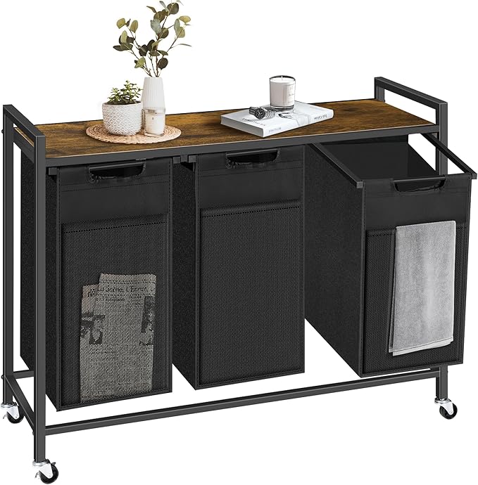 Laundry Sorter, Laundry Basket with 3 Pull-Out Removable Oxford Fabric Bags, 3 x 10.6 Gallons, Total 120L, Cloth Laundry Hamper with a Top Shelf 36.4"x13" (Black and Rust)