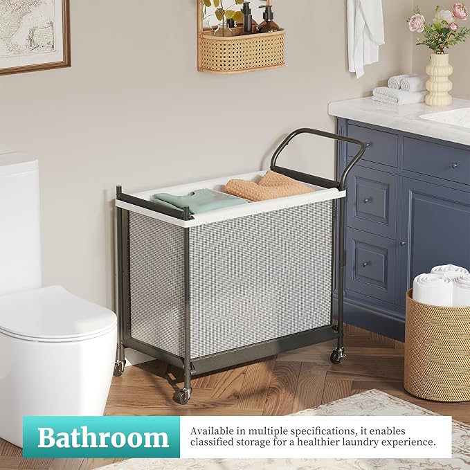 Laundry Hamper with Wheels - 2 Section Laundry Basket 160L, Removable Washable Bags, Height-Fitted Rolling Laundry Cart for Laundry Room & Bedroom