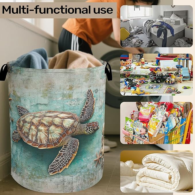 Retro Map Turtle Large Clothes Hamper Bag - Laundry Basket with Handles, Space Saving Foldable Design for Nursery