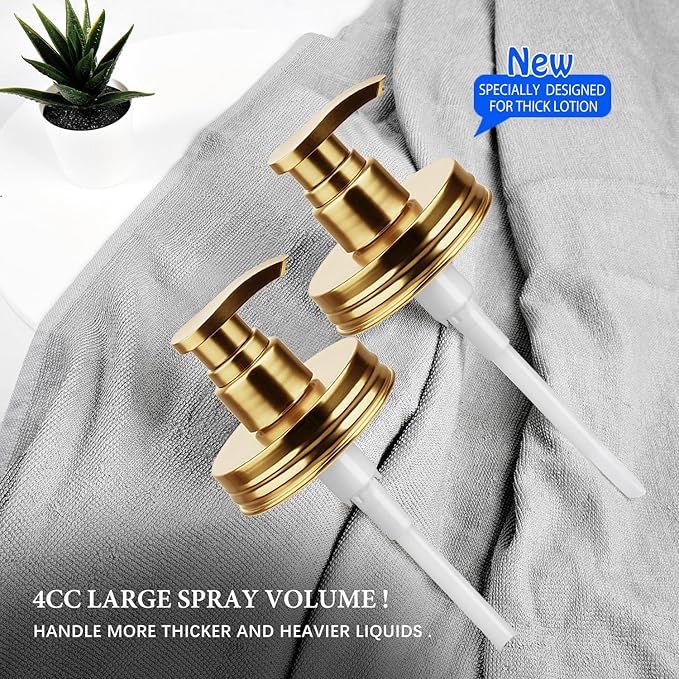 Amolliar Plastic Mason Jar Soap Dispenser Lids(2) - Universal Pump Replacement for Regular Mouth Jar - Long Tubes & Cute Lables - for Kitchen, Bathroom, Dish Soap, Lotions, Hand Soap, Gold