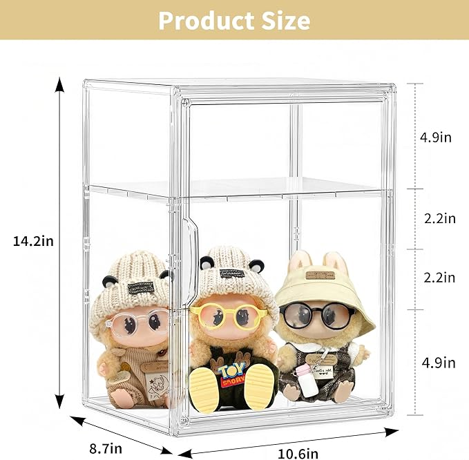 Acrylic Display Case for Collectibles, Clear Storage Bin with 3 Adjustable Layers and1 Removable Divider, Stackable Clear Storage Box with Magnetic Door for Figures, Home or Office,Large,2Pack