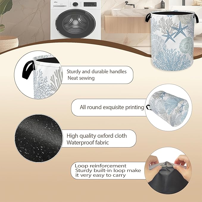 Collapsible Laundry Basket,Coastal Beach Dirty Clothes Hamper,Watercolor Shell Starfish Coral Hampers for Bedroom Waterproof Oxford Cloth Storage Organizer for Bathroom,Nursery,Dorm,16x20 Inch