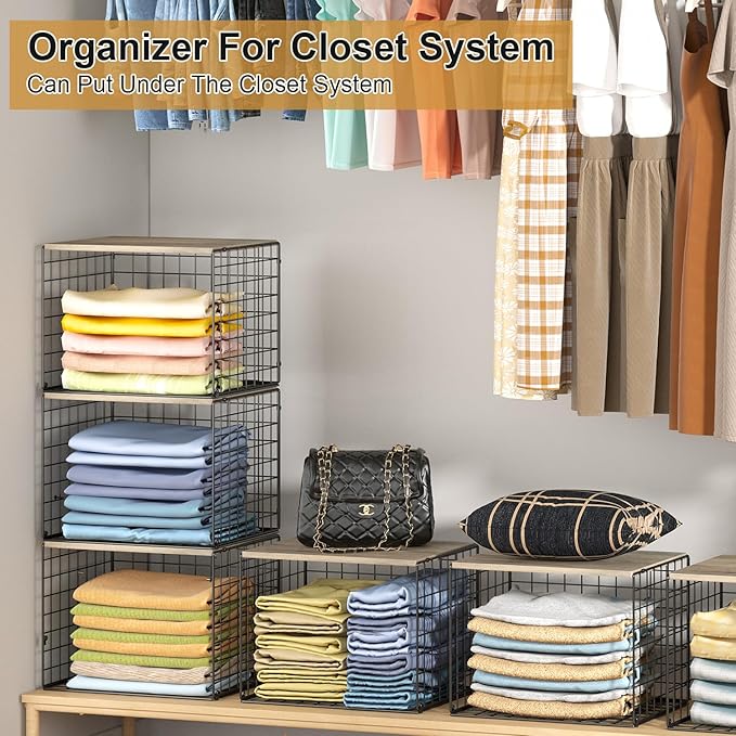 6 Pack Closet Organizers And Storage, Stackable Closet Shelf Organizer Storage Bin Basket For Clothes Sweaters With Top Board, Widened Opening, Heightened Height, Large Capacity, Sturdy, Space-saver