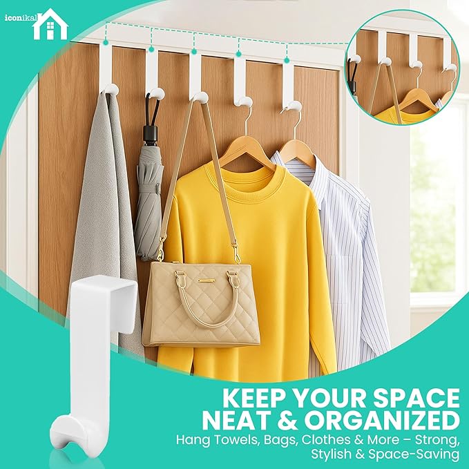 Iconikal 6-Pack Over The Door Hooks Plastic White Valet Hanger for Coats Towels Robes Bags Bathroom Bedroom Closet Organizer No Tools Bulk Pack