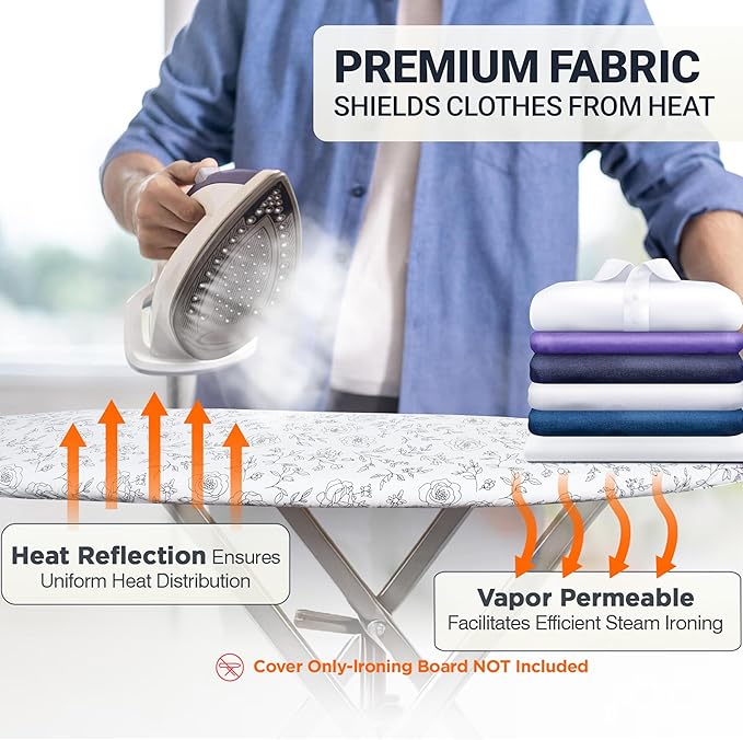 Ironing Board Cover and Pad 15"x54" Extra Thick Natural Cotton, Scorch and Stain Resistant Padding, Standard Size Iron Board Cover with Fasteners Heavy Duty Elastic Edge, Heatproof Rose