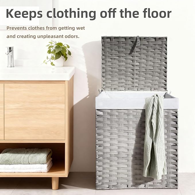 Wicker Laundry Hamper with Lid,34 Gal(130 L) Rattan Laundry Basket 2 Sections with Lid, Removable Machine Washable Line, Large Clothes Hamper with Handles for Bathroom Bedroom, Gray