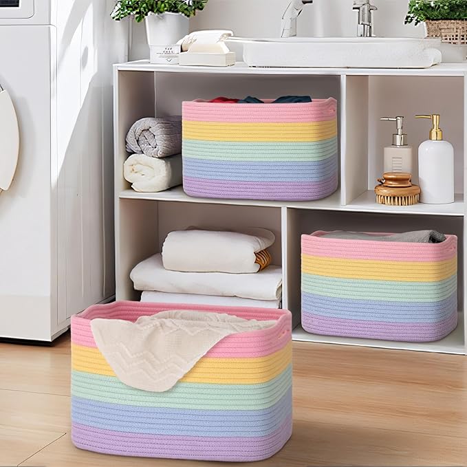 Baskets for Organizing,Storage Baskets,3 Pack Baskets for Shelfves,15"×10"×9" Woven Rainbow Basket,toy storage bins,bins for organization