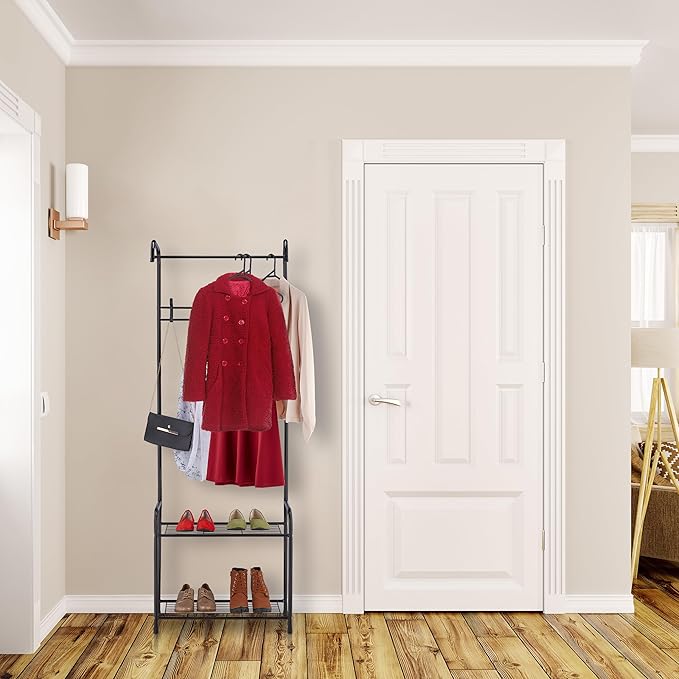 Relaxdays Coat Rack Shelves, 4 Pairs of Shoes, 4 Hooks, 1 Clothes Rail, for Hallway HWD: 173 x 60 x 31cm, Grey, 100% Steel