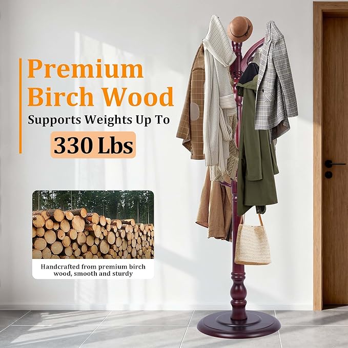 72“ Modern Wooden Coat Rack Freestanding Wood Coat Tree Heavy Duty with Hooks and Sturdy Round Base Coat Hanger Stand for Entrance, Office, Corridor