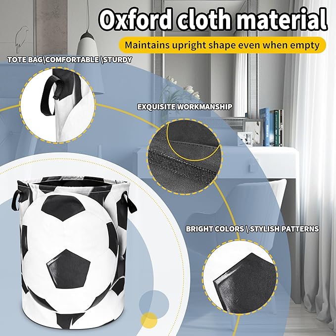 Soccer Laundry Basket Ball Foldable Oxford Cloth Funny Tote Bag Laundry Hamper Clothes Storage Bucket Organizer For Bathroom/Laundry Storage/Bedroom 18.9x16.5 In