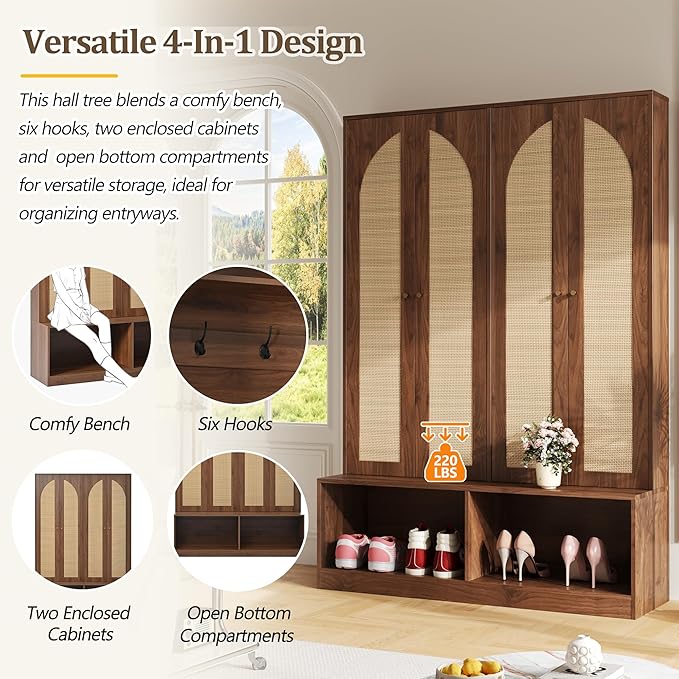Bohemian Farmhouse Widen Hall Tree with 4 Rattan Doors, Versatile 4-in-1 Hall Tree, Mid-Century Entryway Shoe Cabinet with Adjustable Shelf and 6 Hooks, Seating Bench for Living Room