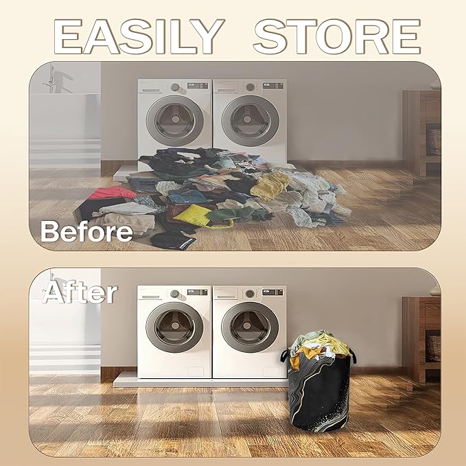 Black Gold Marble Laundry Basket,Modern Clothes Hamper,Oxford Cloth Collapsible Nursery Hamper Storage Organization for Bedroom,Bathroom,Office,College Dorms,16x20 Inch