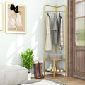 Tangkula Corner Coat Rack with Storage, Simple Hall Tree with Hanging Rod & 2 Mesh Shelves, Anti-toppling Devices, Freestanding Metal Clothes Rack Shoes Shelf Organizer for Entryway Bedroom (Golden)