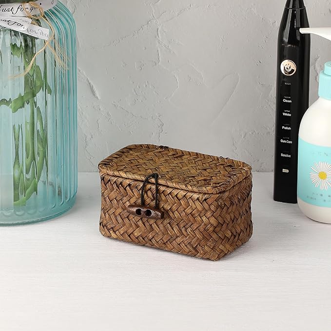 Seagrass Basket Bin with Lid Mini Size Handwoven Wicker Storage Container Storage Basket Decorative Desktop Organizer for Shelf Bathroom Home Decor, 4.3"x2.5"x2.1"