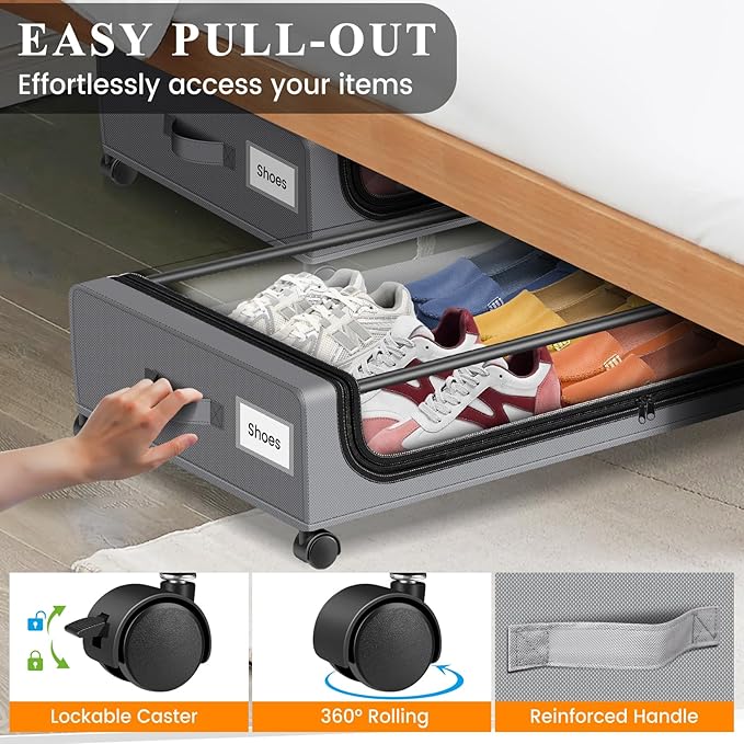Jill Deaaa® Under Bed Storage with Wheels, 2Pack Under Bed Storage Containers with Clear Lids, XXL 60L Under Bed Shoe Storage Organizer,Dorm Bedroom Rolling Underbed Storage for Clothes, Toys, Blanket
