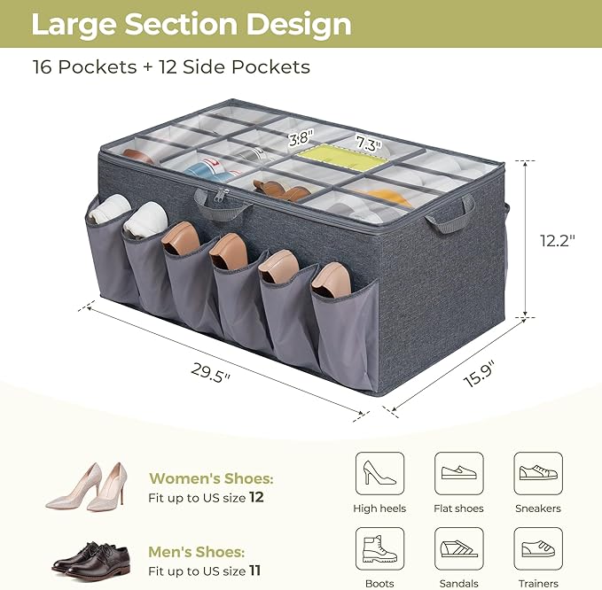 Shoe Organizer for Closet, Shoe Storage Solution with Clear Cover & Adjustable Dividers, Fabric Shoe Box Fits 16 +12 Pairs Shoes, Grey, 1-Pack