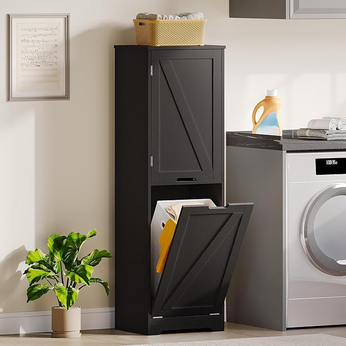 DWVO Tilt Out Laundry Hamper - 53" Tall Bathroom Storage Cabinet Laundry Cabinet with Adjustable Shelves and Clothes Basket, Laundry Hamper Shelf for Laundry Room Bathroom Organizer, Black