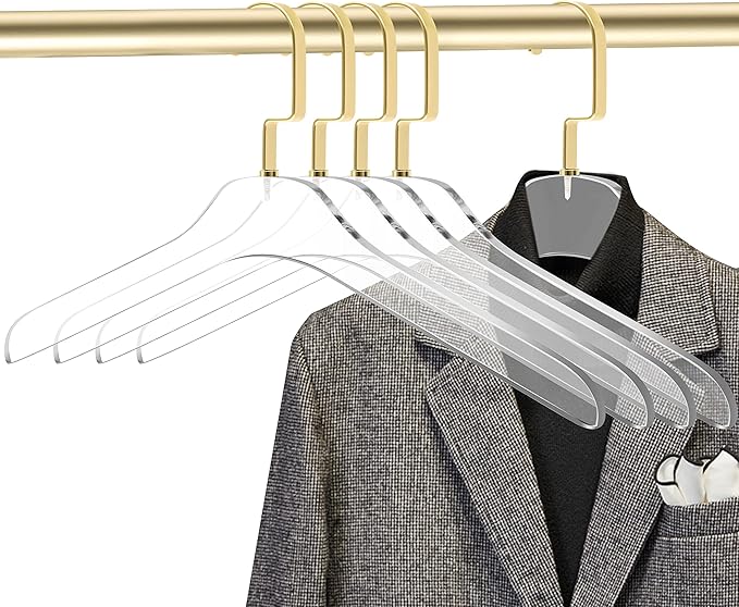 Quality Clear Acrylic Lucite Coat Suit Hangers, Stylish Clothes Hanger with Silver Hook - Coat Hanger for Dress, Suit - Adult Closet Organizer Hangers Matte Gold, 5 Pcs