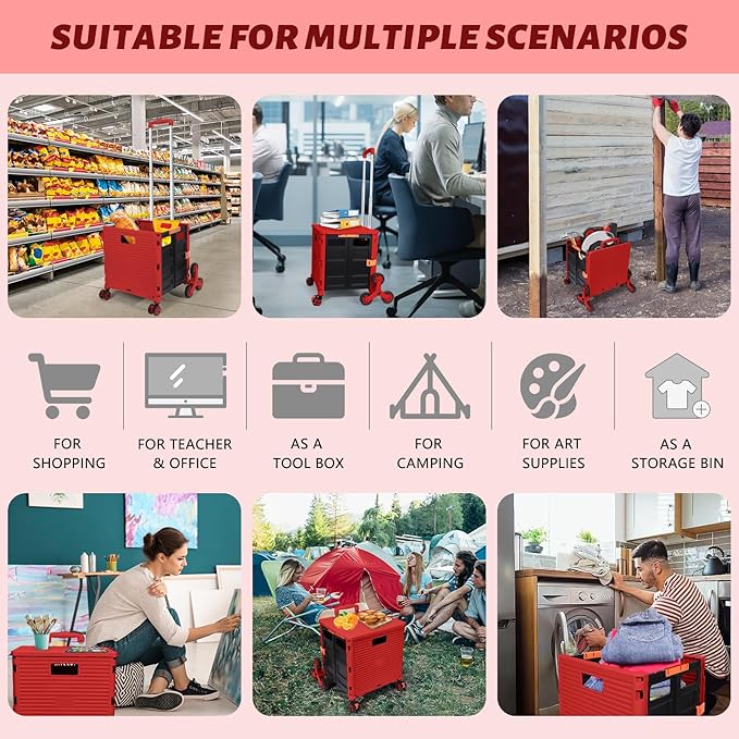 FELICON SELORSS Folding Utility Cart Portable Rolling Crate Handcart with Stair Climbing Wheels&360°Swivel Wheels Telescoping Handle Plastic Box Dolly for Travel Shop Move Office Teacher Use(Red)