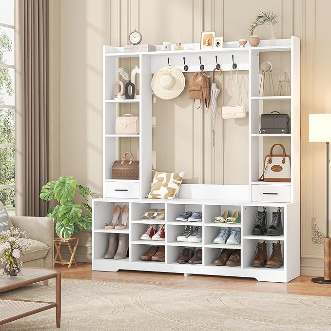 61.6" H White Hall Tree with Bench and Shoe Storage, 6-in-1 Multi-Functional Entryway Bench with 2 Drawers, 5 Coat Racks, Shoe Rack with 13 Shoe Cubbies, Entryway Storage Organizer, White