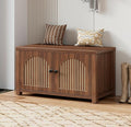 Fluted Storage Bench with Storage, Small Entryway Shoe Bench, Bedroom Storage Bench, Wood Shoe Organizer, Mid Century Modern Cabinet with 2 Doors, Adjustable Shelf, Hallway, Living Room, Walnut