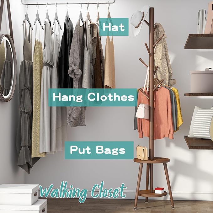 Coat Rack, Bamboo Wood Coat Freestanding with Umbrella Holder, Adjustable Height Coat Stand with 8 Hooks, kids coat rack, Used In The Bedroom Living Room, Office To Hang Clothes, Hats, Bags (Brown)