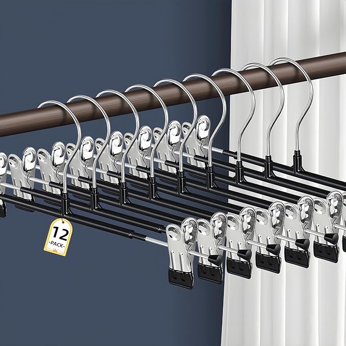 12 Pack Pants Hangers with Clips Adjustable Skirt Hangers for Women Black Metal Non-Slip Trousers Hanger Heavy Duty Space Saving Clothes Hangers for Shorts,Jeans,12Inch
