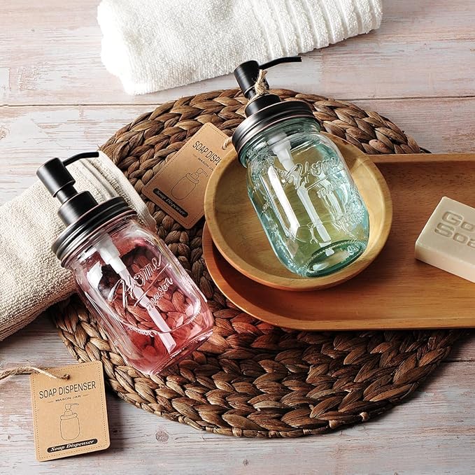 Amolliar Mason Jar Liquid Soap Dispenser Lid, Rust Proof Stainless Steel, Cute Farmhouse Decor for Kitchen, Bathroom, Bath, Refill Liquid Soap Pump for Hand Soap, Dish Soap, Lotion Soap, ORB 2 Pack
